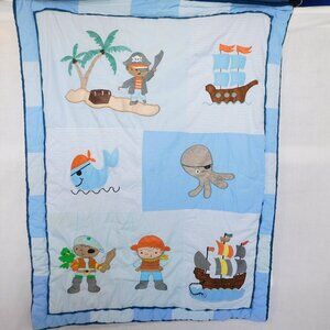 Pirate Theme Baby Infant Crib Quilt Comforter Blanket Blue Embroidered 32" x 44"